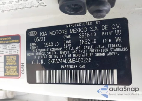 2021 Kia Rio S z USA, uszkodzony, nr VIN 3KPA24AD5ME400236
